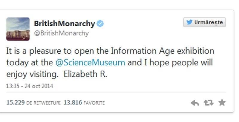  Regina Elisabeta a II-a a Marii Britanii a expediat primul ei mesaj pe Twitter