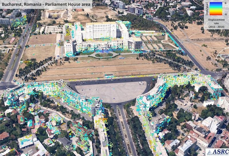  Palatul Parlamentului, observat din satelit. ASE a publicat o imagine care surprinde miscarile milimetrice ale cladirii