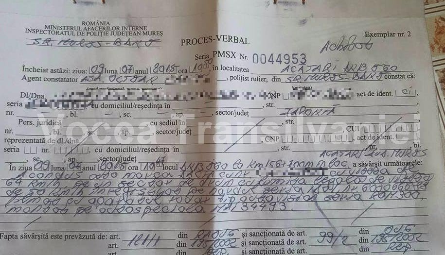  FOTO: Un poliţist din Mureş a devenit vedetă pe net după ce a completat acest proces verbal