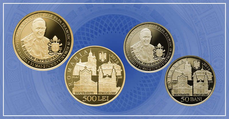  Monede din aur și alamă emise de BNR cu ocazia vizitei Papei