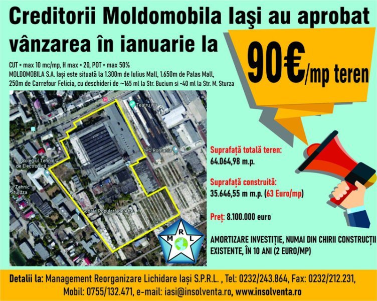  Creditorii Moldomobila Iași au aprobat vânzarea în ianuarie la 90 de euro/ mp teren