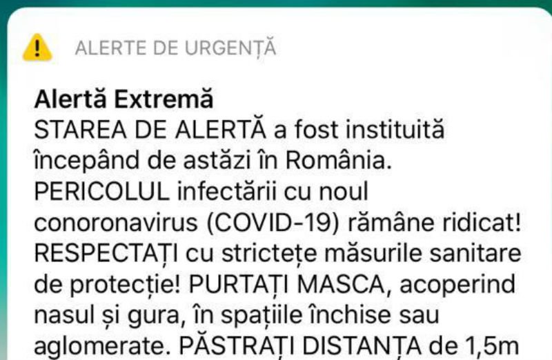  Mesaj Ro-Alert pentru români, după instituirea stării de alertă: ‘Pericolul infectării rămâne ridicat!’