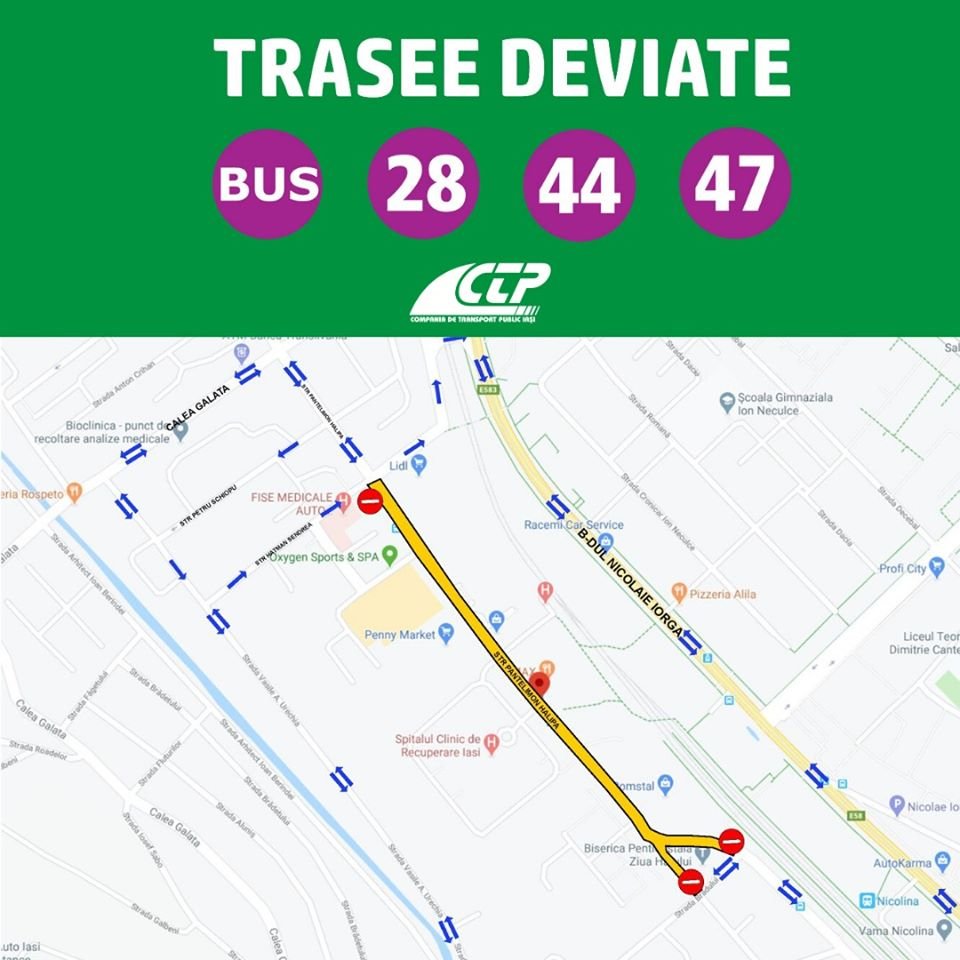  Autobuzele de pe traseele 28, 44 și 47 vor circula deviat marți din cauza unor lucrări