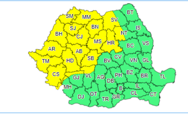  Cod Galben de instabilitate în vestul, nord-vestul și centrul României. Caniculă în sud și est