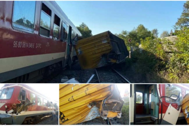  VIDEO: Accident feroviar pe dos: o remorcă desprinsă dintr-un camion a intrat într-un tren