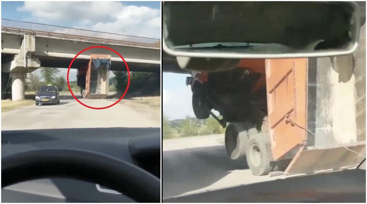  VIDEO: Imagini ireale sub un pod din Moldova, după ce un șofer n-a estimat corect înălțimea camionului