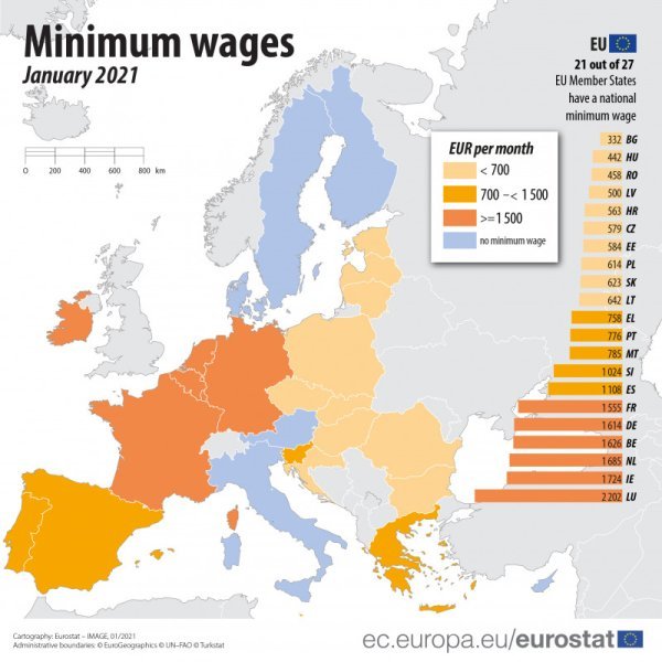  Nivelul salariului minim pe economie în UE. Șase țări nu au așa ceva