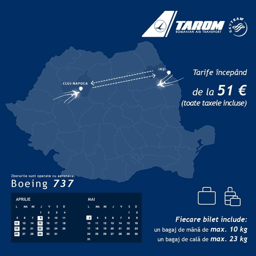  Zboruri directe Iași – Cluj de săptămâna viitoare! Vor fi operate de TAROM