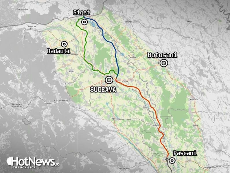  HARTĂ Autostrada „Moldovei” A7 Pașcani – Suceava – Siret: Variantele de traseu analizate oficial