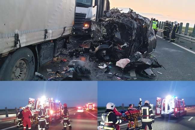  VIDEO Accident cu 17 victime pe autostrada Arad-Nădlac. Un microbuz cu pasageri a intrat într-un camion staționat pe banda de urgență