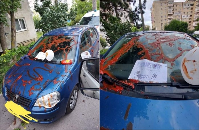  Mașină mânjită cu ketchup în Cluj. Pe șofer l-a așteptat un mesaj de gelozie