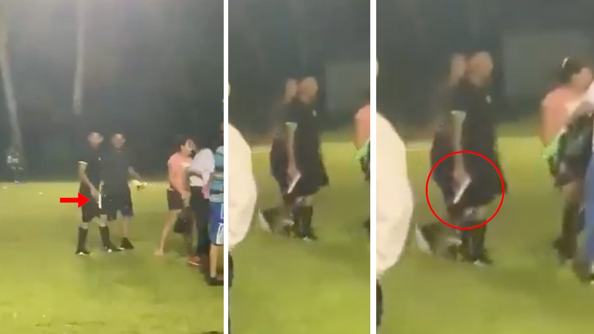  VIDEO Incident șocant în fotbal. Un arbitru a scos pistolul pe teren pentru a goni suporterii care l-au înconjurat