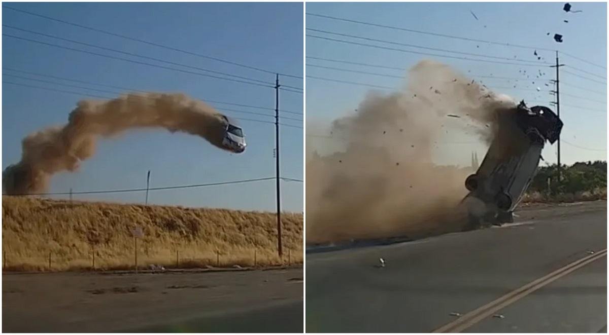  VIDEO Accident spectaculos: O șoferiță zboară cu mașina peste liniile de înaltă tensiune