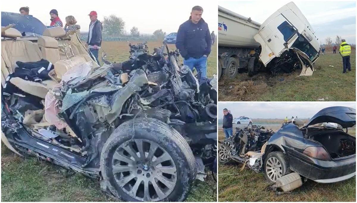  VIDEO Accident cumplit cu trei morți, în Dâmbovița. Un BMW a fost făcut praf de un camion pe DN7