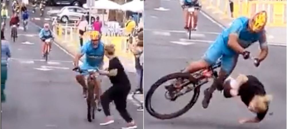  VIDEO Liderul unei curse de ciclism, trântit înainte de finish de o femeie cu capul în nori