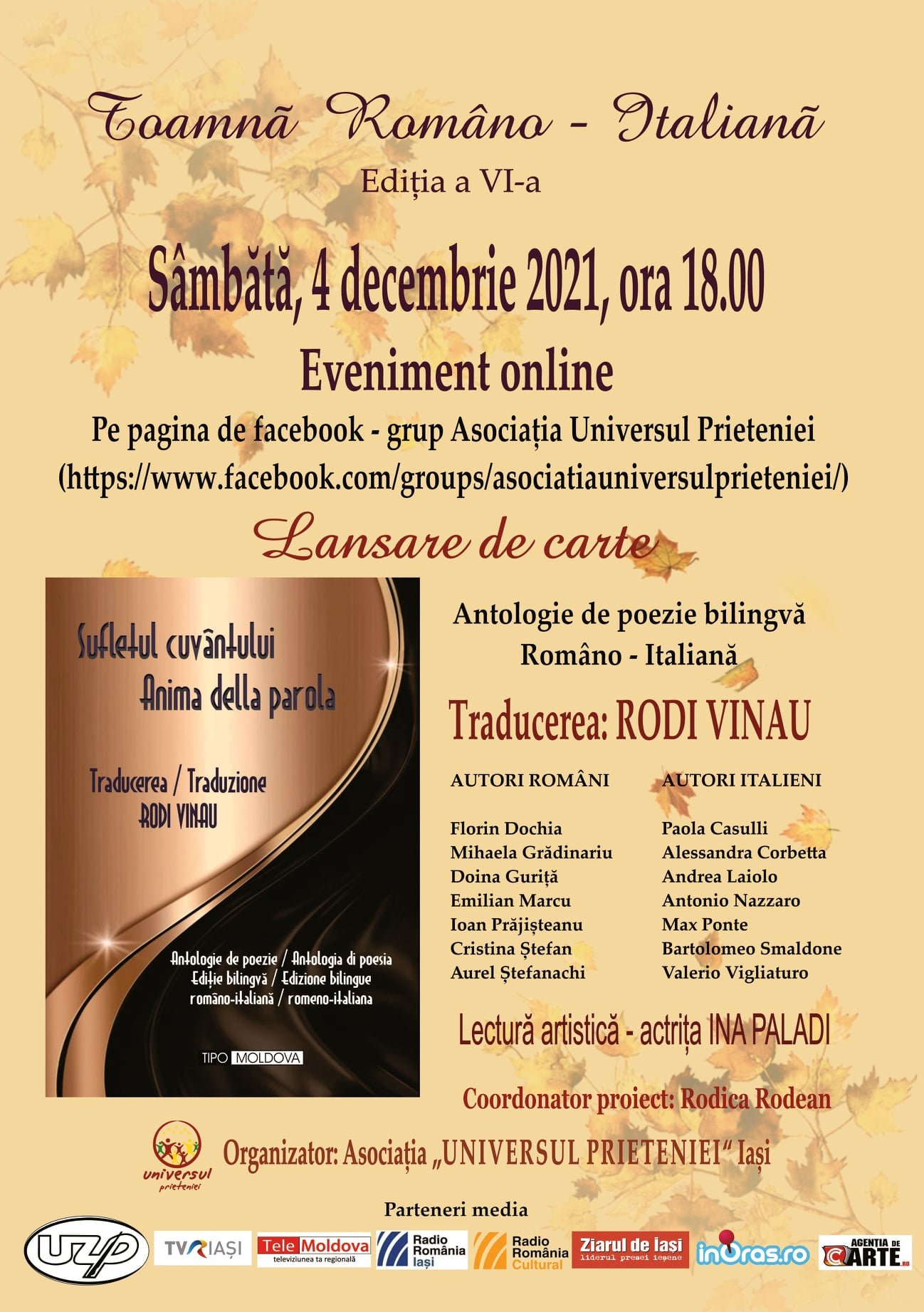 Antologie bilingvă de poezii în limba română şi italiană, prezentată sâmbătă