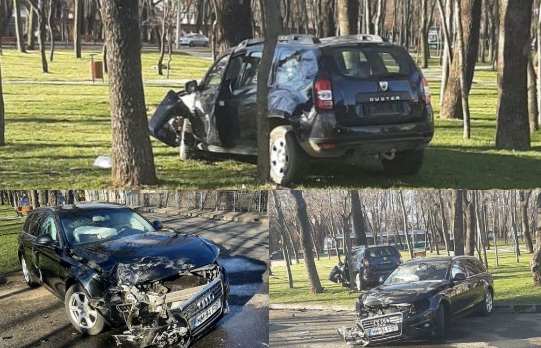  FOTO – Un Duster şi un Audi s-au ciocnit violent în dreptul rondului de la Parcul Expoziţiei