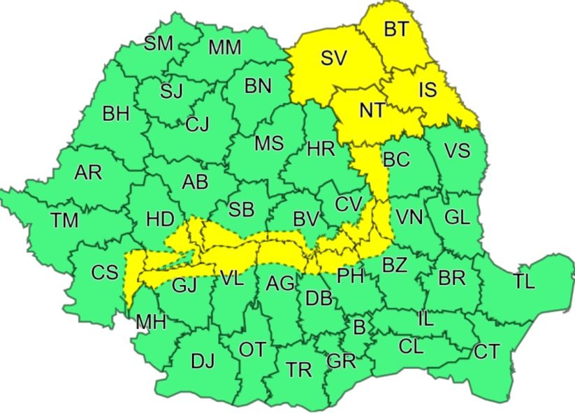  Cod galben de vânt puternic, valabil până sâmbătă seara. 5 grade Celsius la Iași