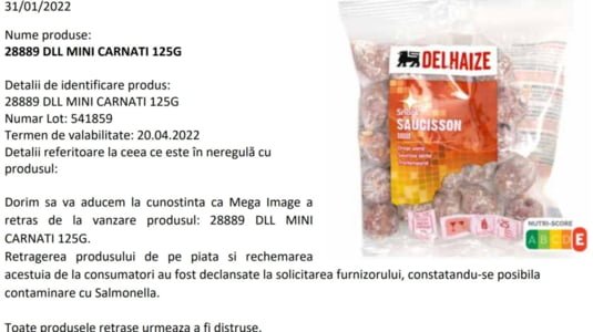  Sortiment de cârnați cu suspiciune de Salmonella retras din magazinele Mega Image