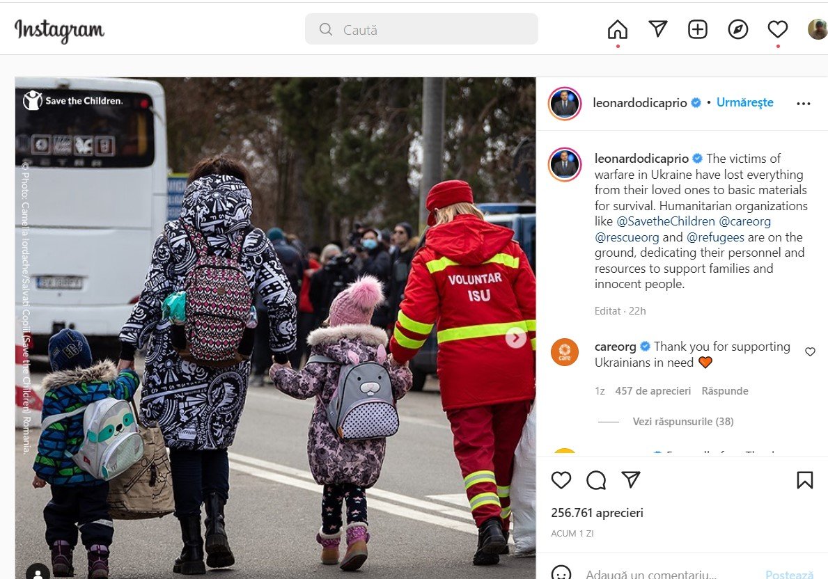  Leonardo DiCaprio a publicat pe Instagram fotografii emoţionante cu refugiaţi ucraineni. Printre ele este şi o imagine din România