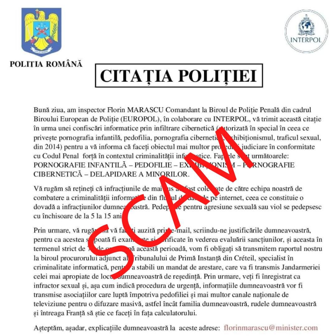  Avertisment: Identitatea vizuală a Poliţiei Române şi a Interpol este folosită într-o nouă campanie de tip scam