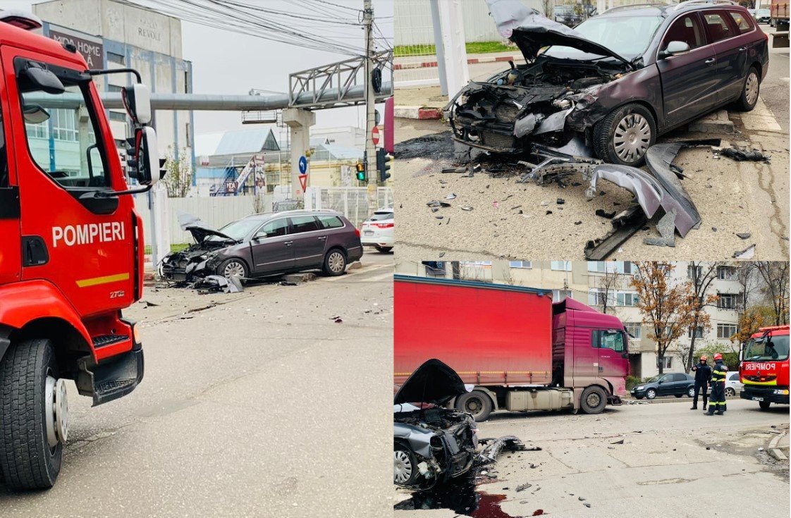 FOTO: Impact violent între două autoturisme pe strada Bucium