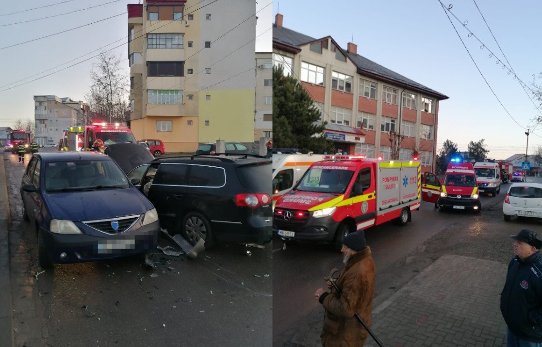  FOTO – Coliziune între trei autoturisme la Târgu Frumos: şase persoane au ajuns la spital