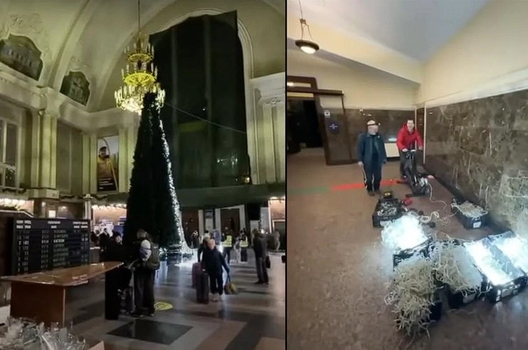  Călătorii pedalează, în Gara din Kiev, pentru a ilumina bradul de Crăciun