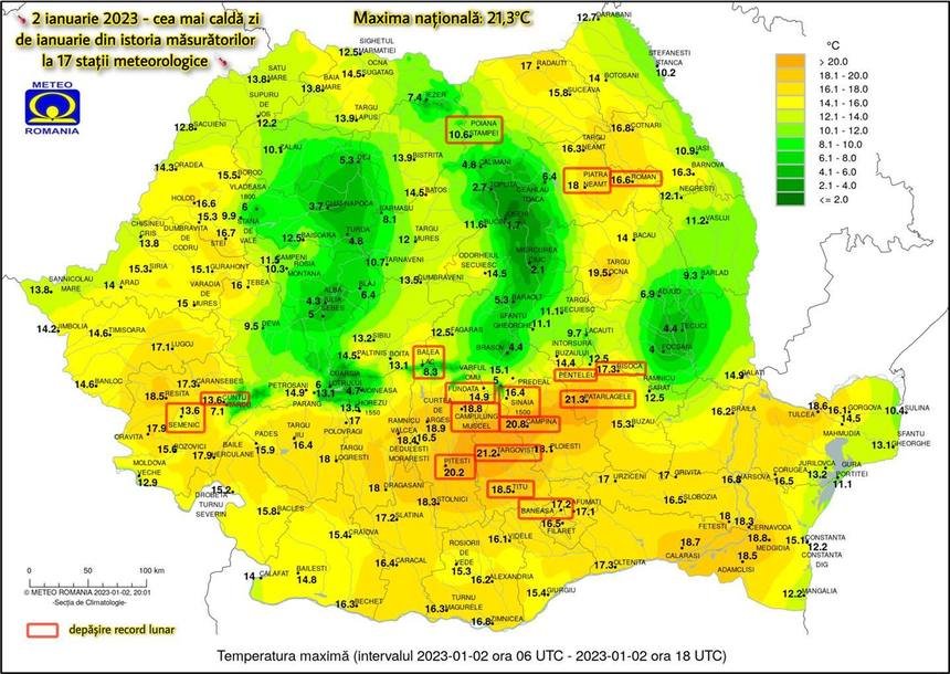  Specialişti: 2 ianuarie, cea mai caldă zi din istoria măsurătorilor la 17 staţii meteorologice din ţară