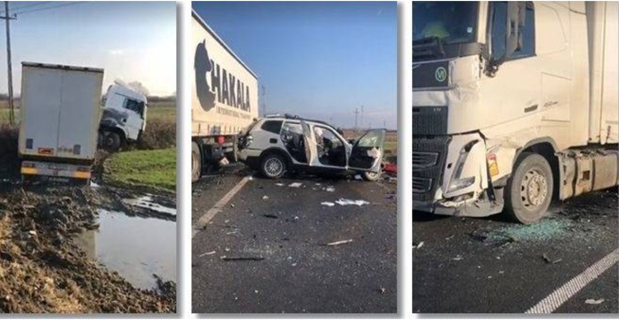  FOTO – Două TIR-uri au făcut sandvici un autoturism: trei persoane au fost rănite, iar unul dintre şoferi e în stare gravă
