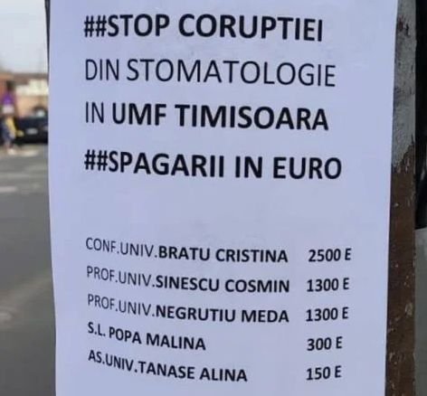 Scandal la UMF Timișoara: Oraşul, împânzit cu afișe cu numele profesorilor şpăgari