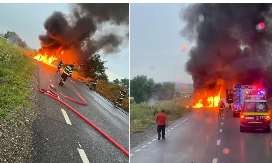  Un autobuz plin cu pasageri a luat foc pe șosea, în Neamț. De la ce a pornit incendiul