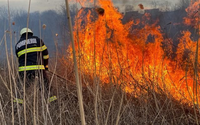  Intervenţie de urgenţă a pompierilor pentru stingerea unui incendiu de vegetaţie uscată în Vadu Vejei, comuna Tibana
