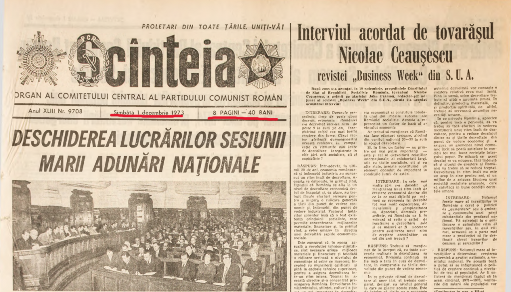  Cum a marcat regimul Ceaușescu ziua de 1 Decembrie, acum 50 de ani: Unirea, pe pagina șase din Scânteia. Pe prima, Ceaușescu făcea apologia investițiilor străine, a relațiilor cu SUA
