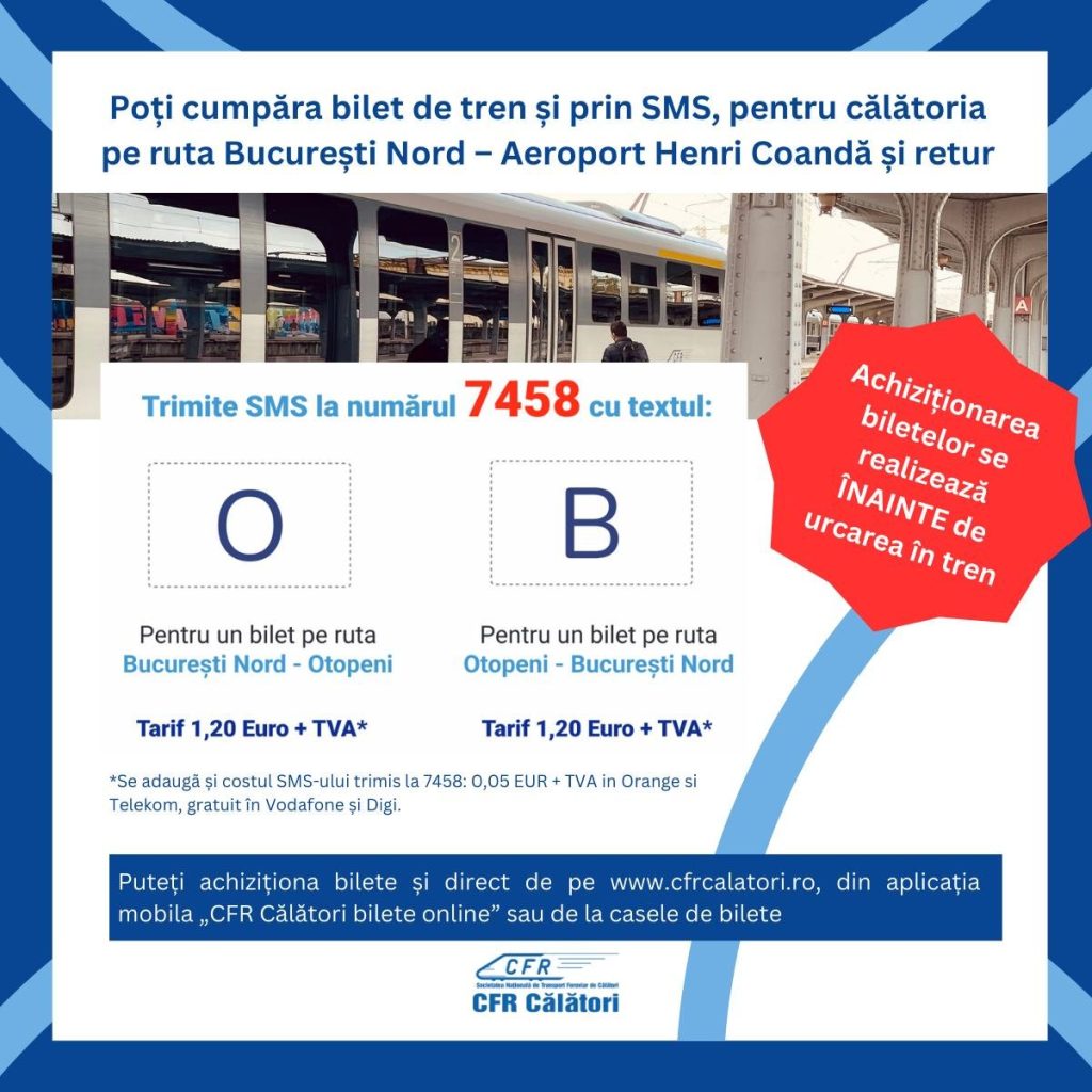  Biletele de tren pe ruta Gara de Nord-Aeroportul Otopeni pot fi cumpărate și prin SMS. Anunțul CFR Călători