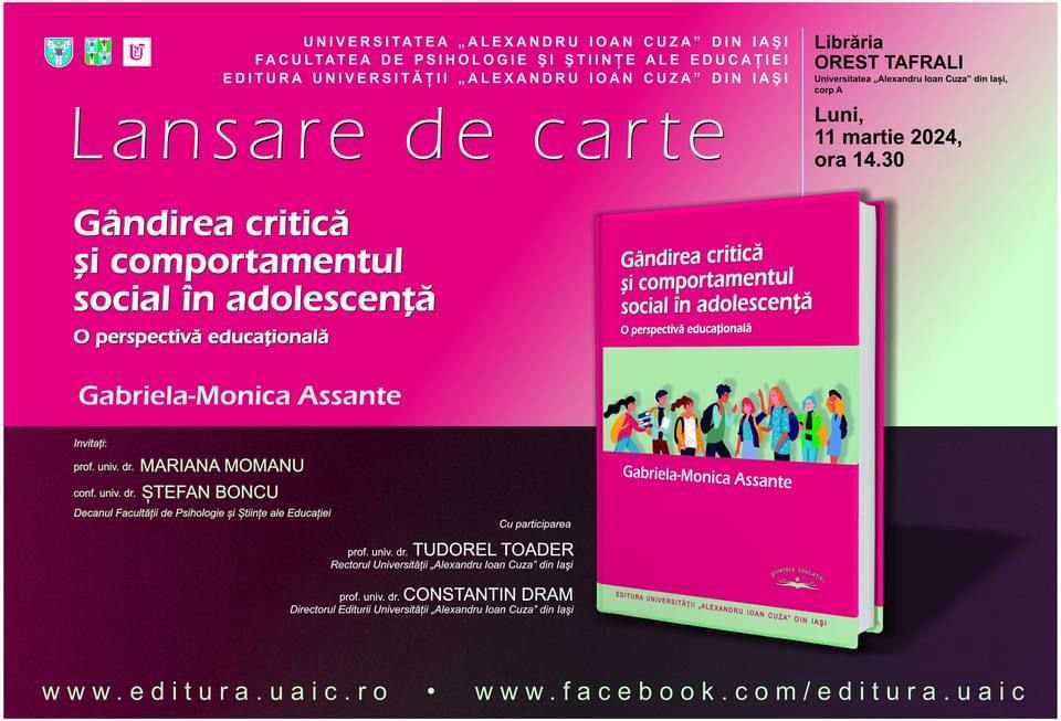  Lansare de carte despre “Gândirea critică şi comportamentul social în adolescenţă”, la Librăria Universităţii „Cuza”