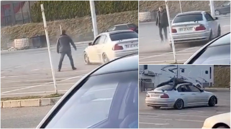  VIDEO: Trupă de bombardieri în parcare: drifturi cu un BMW, iar un bărbat s-a urcat pe cupola bolidului